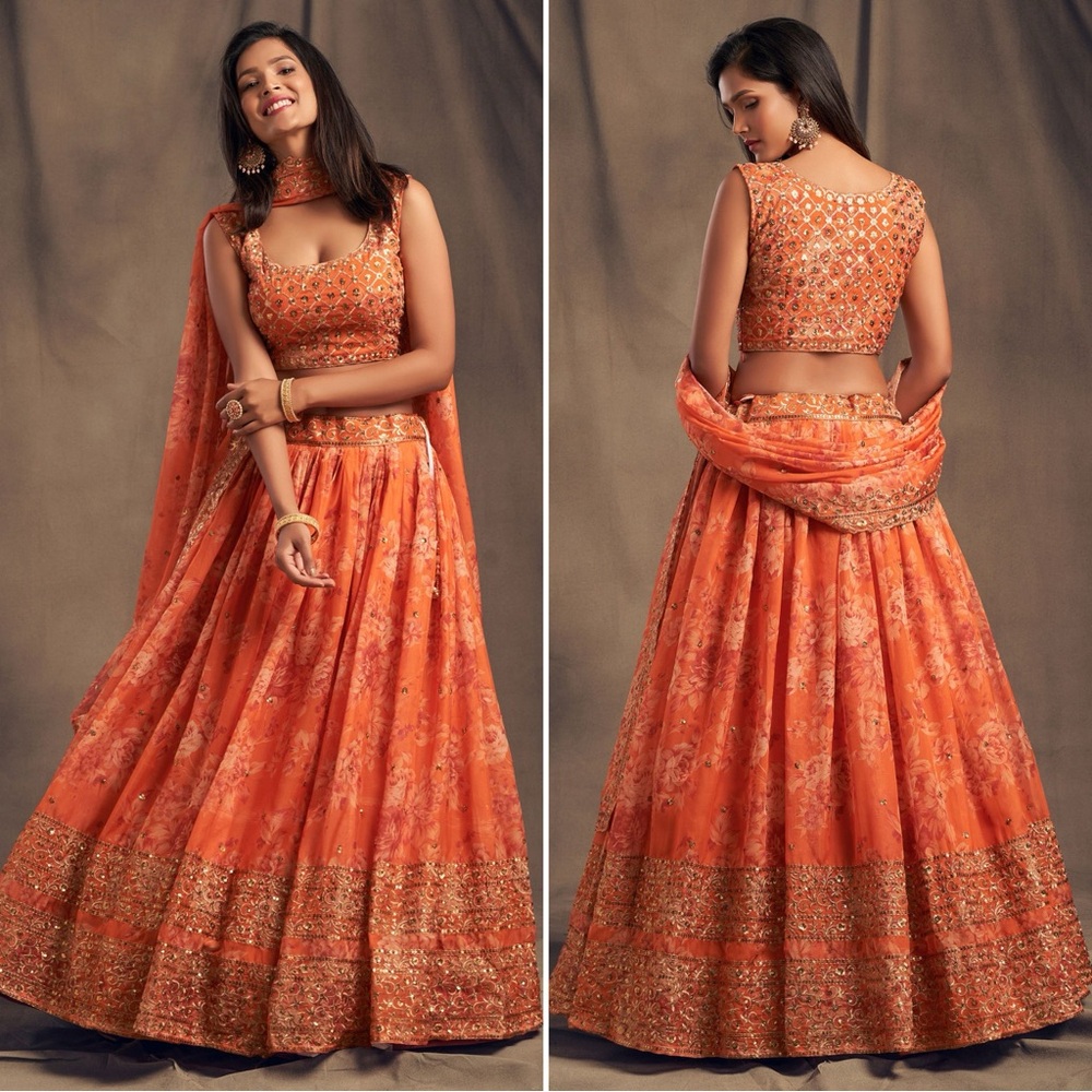 Women's wedding floral lehenga choli set in orange